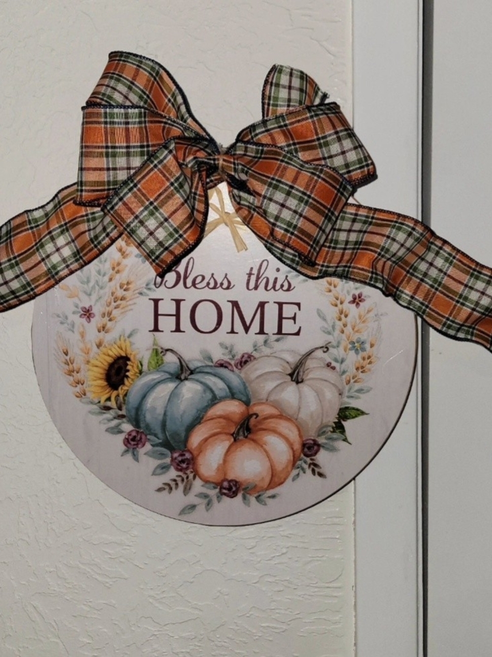Bless This Home Fall Pumpkin Wall Sign with Plaid Bow